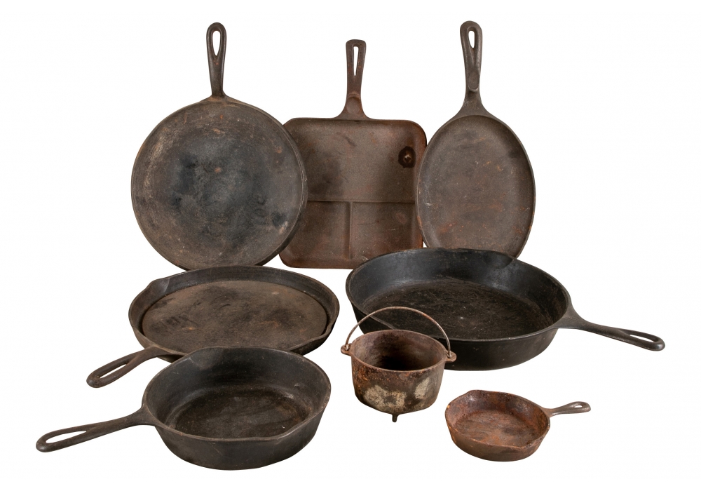 Farmhouse Kitchen - Group Of Antique Cast Iron Cooking Pots And Pans Item #88443